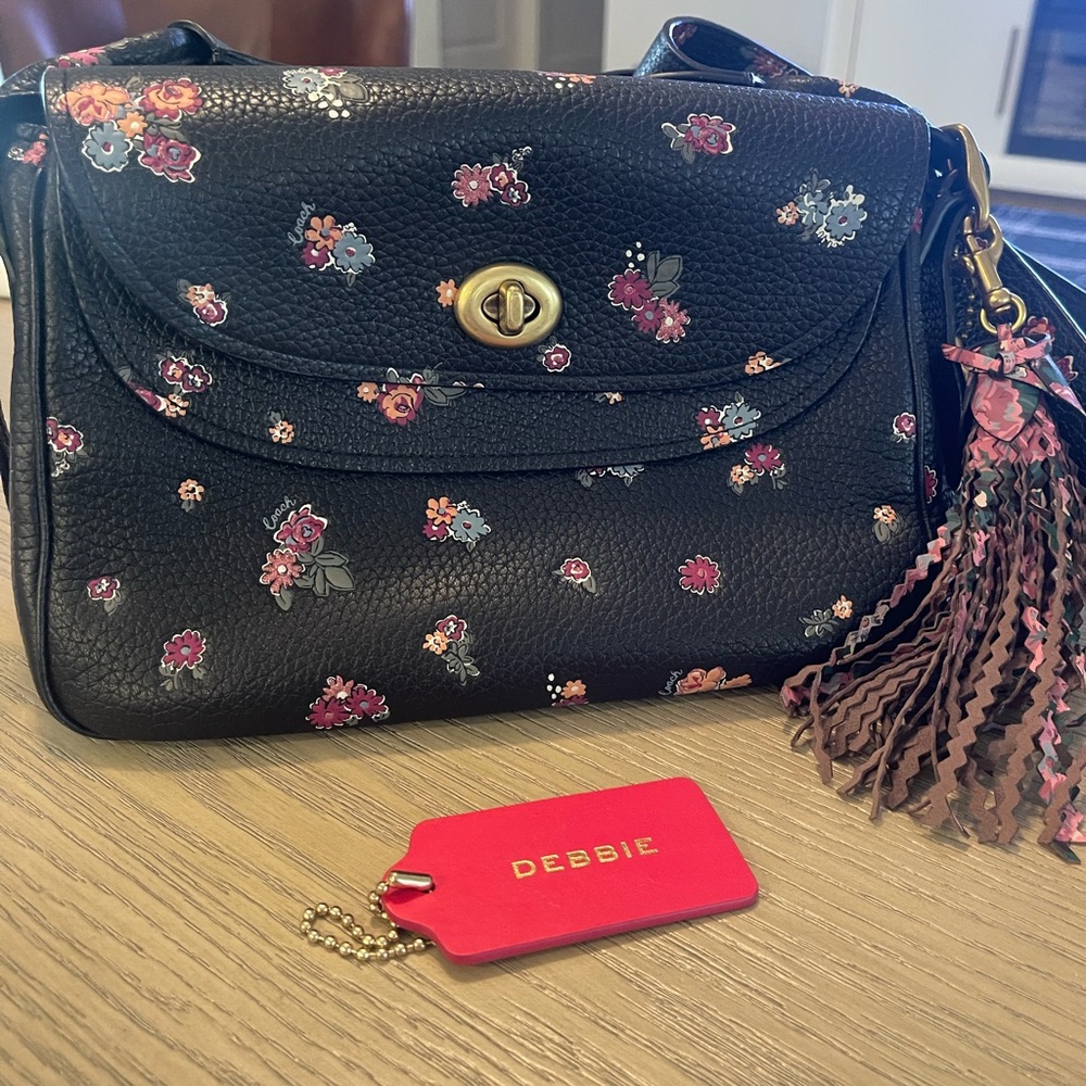 SOLD….. Coach Black and Pink Crossbody Bag with Floral Design